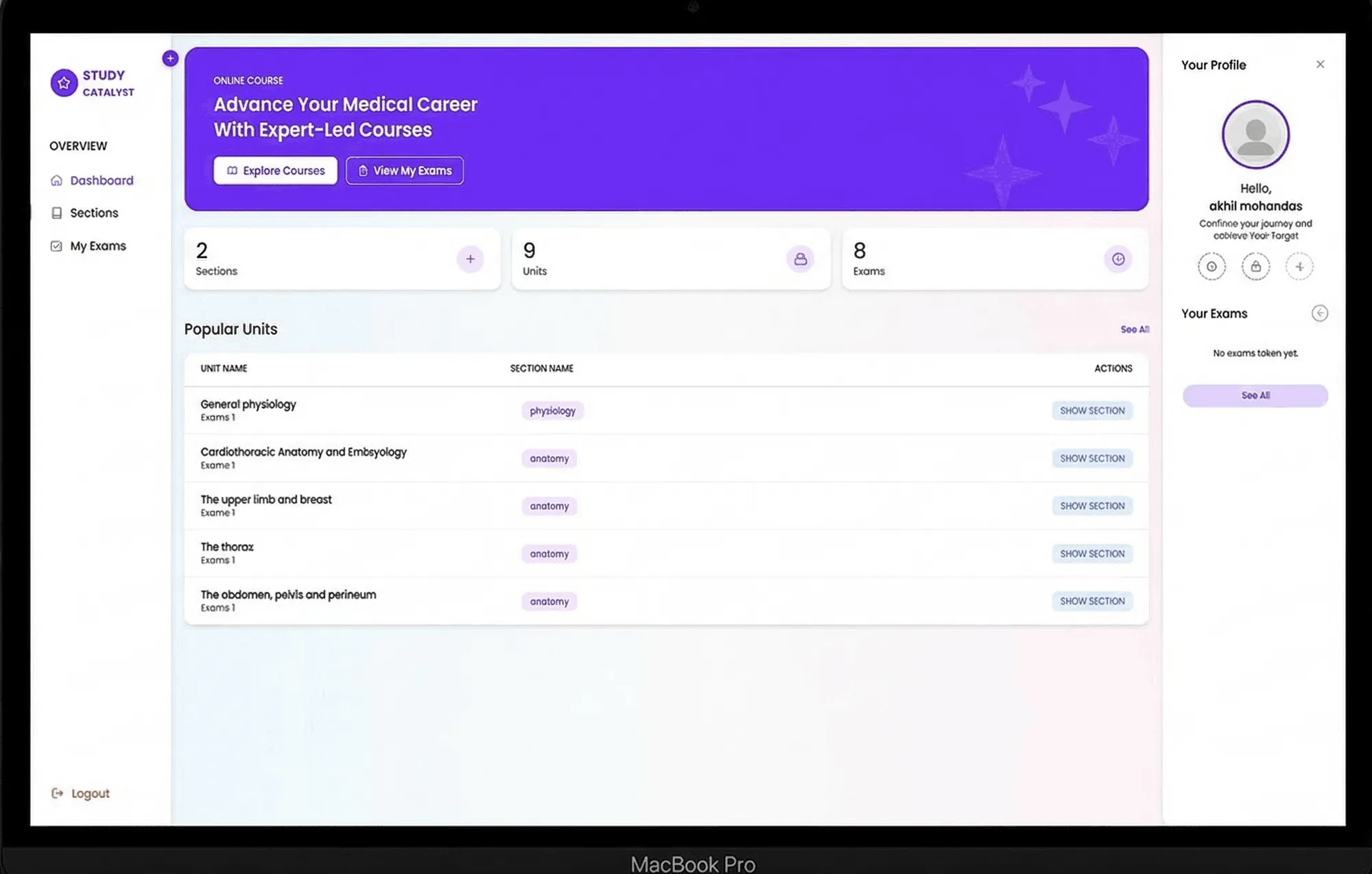 Study Catalyst dashboard β interactive MCQ and analytics interface